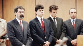 Lyle Menendez (second from left) and his brother, Erik are flanked by their attorneys Gerald Chaleff (left) and Robert Shapiro, in Beverly Hills Municipal Court in 1990.