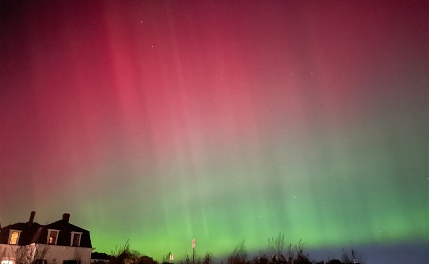 The Northern Lights at Rye Beach, NH, on Oct. 10, 2024. Dan Tuohy photo / NHPR.