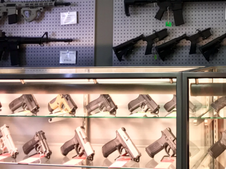 A display case at a New Hampshire gun shop